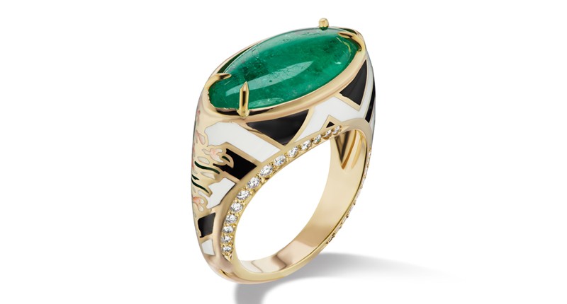 <p>Alice Cicolini x Muzo 14-karat yellow gold and Muzo emerald ring with enamel and diamonds ($12,375)</p> <p>Alice Cicolini x Muzo 14-karat yellow gold and Muzo emerald ring with enamel and diamonds ($12,375)</p>