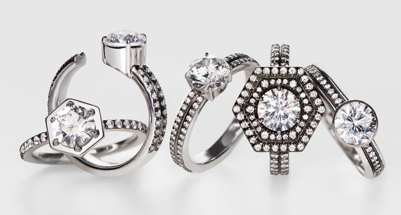 Here are five of the six bridal styles Jemma Wynne created in collaboration with Stone & Strand. The range starts at $2,520 retail for the setting only, with the most expensive style selling for $9,870 for the setting only.
