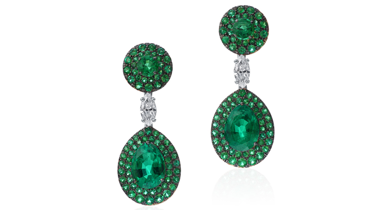 Gumuchian’s one-of-a-kind emerald earrings in 18-karat yellow gold and platinum with black rhodium featuring two pear-shaped, no-oil emeralds weighing a combined 8.26 carats