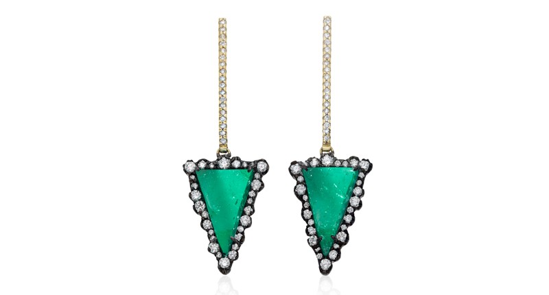<p>Kimberly McDonald x Muzo triangular drop earrings with 18-karat white gold with black rhodium, diamond and Muzo emeralds ($27,175)</p> <p>Kimberly McDonald x Muzo triangular drop earrings with 18-karat white gold with black rhodium, diamond and Muzo emeralds ($27,175)</p>