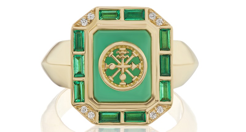 “La Ruota Ring” in 18-karat yellow gold with chyrosprase, diamonds and emeralds ($4,900) “La Ruota Ring” in 18-karat yellow gold with chyrosprase, diamonds and emeralds ($4,900)