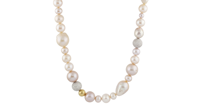 <a href="http://www.gurhan.com" target="_blank" rel="noopener noreferrer">Gurhan</a> one-of-a-kind Oyster Hue necklace in 24-karat gold with pink freshwater pearl and diamond balls ($32,140) 
