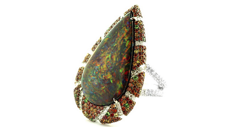 Moda Operandi is Martin Katz’s first e-commerce partner. This opal ring, featuring diamond, orange-red sapphire, tsavorite garnet and fancy yellow diamond accents, is valued at $90,000. Moda Operandi is Martin Katz’s first e-commerce partner. This opal ring, featuring diamond, orange-red sapphire, tsavorite garnet and fancy yellow diamond accents, is valued at $90,000.