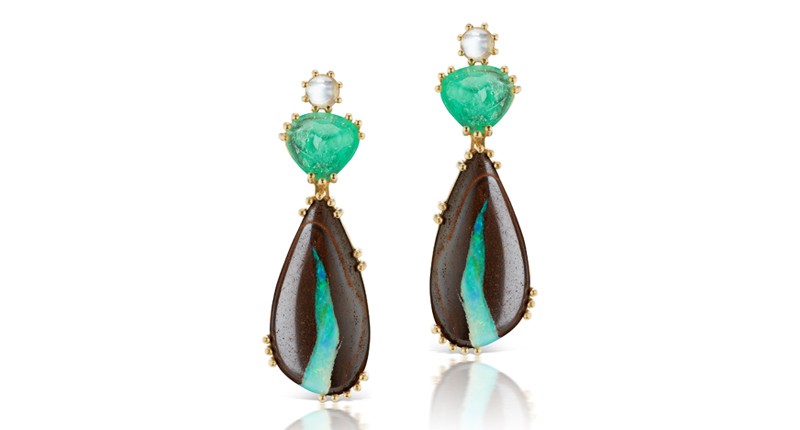 <p>Dana Bronfman x Muzo 18-karat yellow gold “Cactus Moon Rising” earrings with moonstone, opal and Muzo emeralds ($6,850)</p> <p>Dana Bronfman x Muzo 18-karat yellow gold “Cactus Moon Rising” earrings with moonstone, opal and Muzo emeralds ($6,850)</p>
