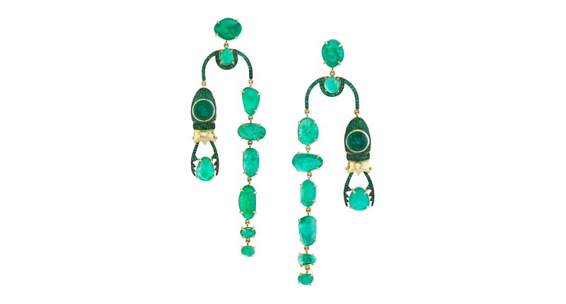 <p>Daniela Villegas x Muzo 18-karat yellow gold and Muzo emerald “Ceres” earrings ($50,000)</p> <p>Daniela Villegas x Muzo 18-karat yellow gold and Muzo emerald “Ceres” earrings ($50,000)</p>