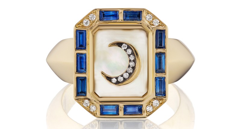 “La Luna Ring” in 18-karat yellow gold with mother-of-pearl, sapphire and diamonds ($4,200) “La Luna Ring” in 18-karat yellow gold with mother-of-pearl, sapphire and diamonds ($4,200)