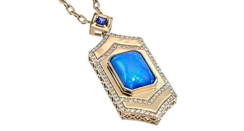 Gigi Ferranti’s Gianna Locket and mirror compact in 14-karat yellow gold with Ethiopian opal, diamonds and blue sapphire