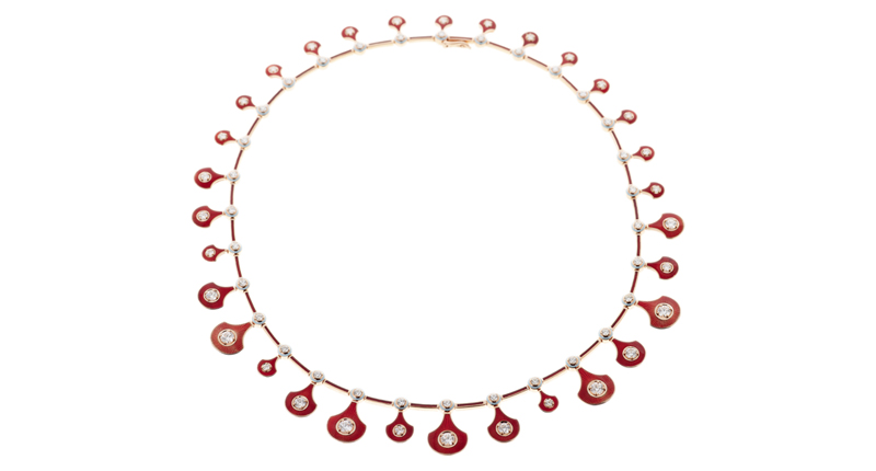 <p>Selim Mouzannar’s 18-karat pink gold collar with diamonds and burgundy and light-blue enamel ($52,250)</p> <p>Selim Mouzannar’s 18-karat pink gold collar with diamonds and burgundy and light-blue enamel ($52,250)</p>