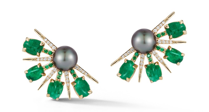 <p>Katherine Jetter x Muzo 18-karat yellow gold, Tahitian pearl, diamond and Muzo emerald fan earrings ($9,440)</p> <p>Katherine Jetter x Muzo 18-karat yellow gold, Tahitian pearl, diamond and Muzo emerald fan earrings ($9,440)</p>