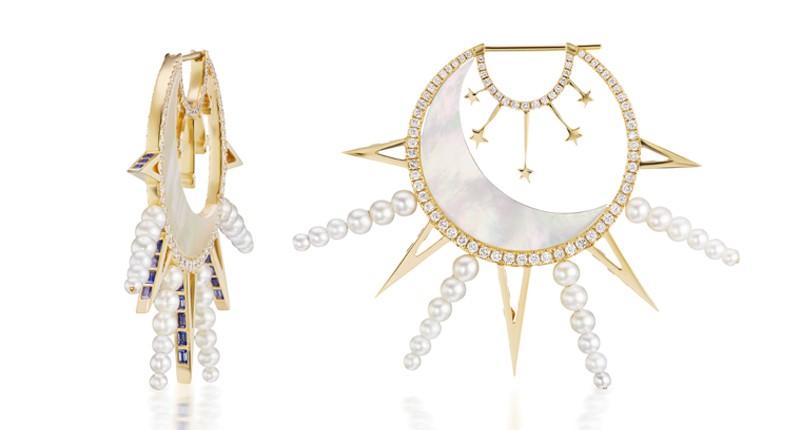 “La Luna Earrings” in 18-karat yellow gold with mother-of-pearl, pearls, diamonds and sapphires ($9,750)