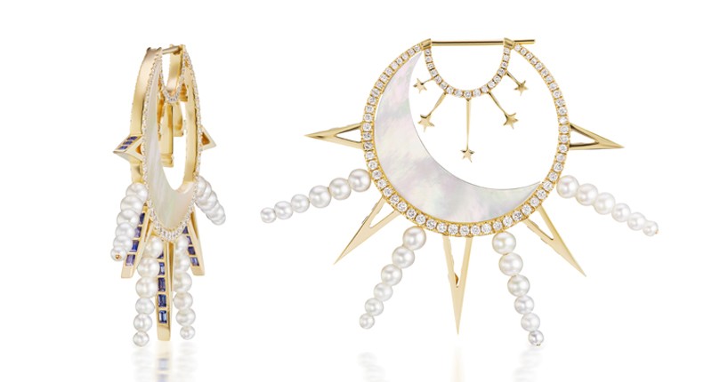 “La Luna Earrings” in 18-karat yellow gold with mother-of-pearl, pearls, diamonds and sapphires ($9,750) “La Luna Earrings” in 18-karat yellow gold with mother-of-pearl, pearls, diamonds and sapphires ($9,750)