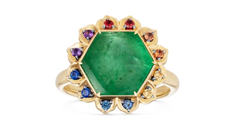 <p>Noor Fares x Muzo 18-karat yellow gold “Bespoke Emerald Lotus Ring” with Muzo emeralds, multi-color sapphire, amethyst and diamonds ($10,200)</p> <p>Noor Fares x Muzo 18-karat yellow gold “Bespoke Emerald Lotus Ring” with Muzo emeralds, multi-color sapphire, amethyst and diamonds ($10,200)</p>