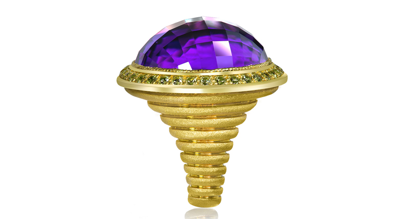 Alex Soldier amethyst and peridot “Symbolica” 18-karat yellow gold, one-of-a-kind ring ($10,500) <br /><a href="http://alexsoldier.com/default.asp" target="_blank">AlexSoldier.com</a>