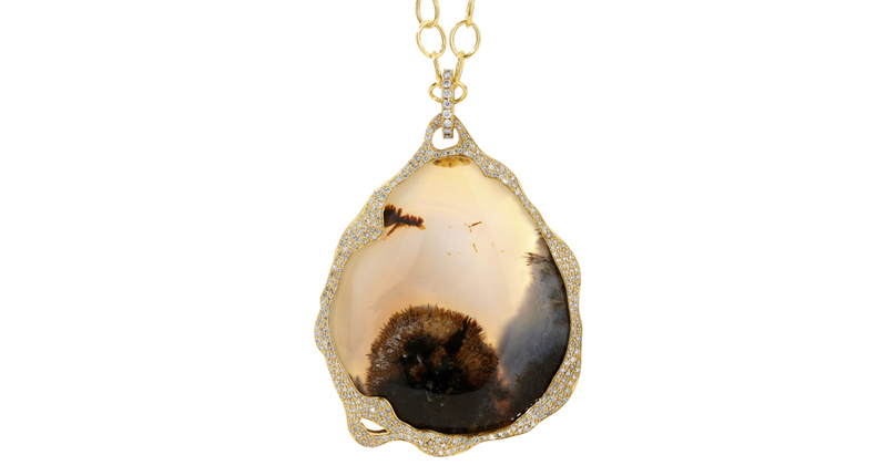 <a href="http://www.synajewels.com" target="_blank" rel="noopener">Syna</a> 18-karat yellow gold limited edition agate reversible pendant with champagne diamonds ($12,500)