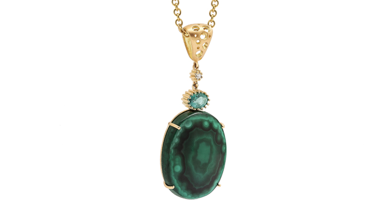 Dana Bronfman Moving Drop Pendant in 18-karat recycled yellow gold with responsibly sourced malachite, emerald and diamonds ($5,530). Bronfman will exhibit at Couture, booth 137. Dana Bronfman Moving Drop Pendant in 18-karat recycled yellow gold with responsibly sourced malachite, emerald and diamonds ($5,530). Bronfman will exhibit at Couture, booth 137.