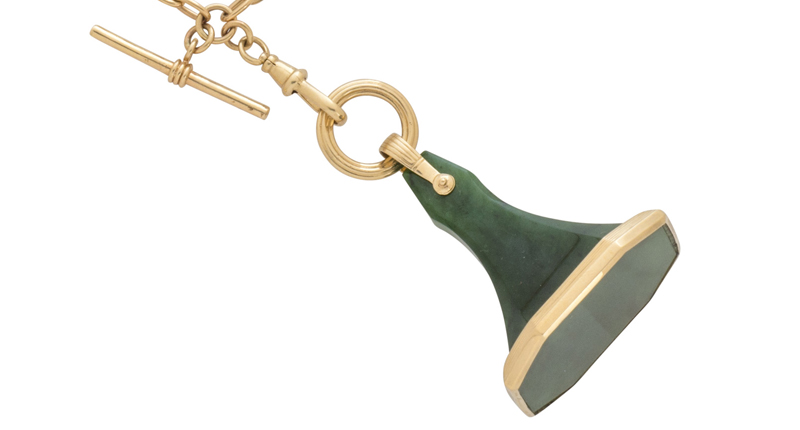 Dudley Van Dyke 14-karat yellow gold and jade fob ($7,200). The brand is exhibiting at Premier, booth 2515. Dudley Van Dyke 14-karat yellow gold and jade fob ($7,200). The brand is exhibiting at Premier, booth 2515.