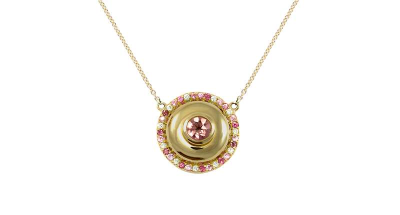 Large cap necklace in 18-karat yellow gold with pink sapphires, tourmalines and white diamonds ($2,045)