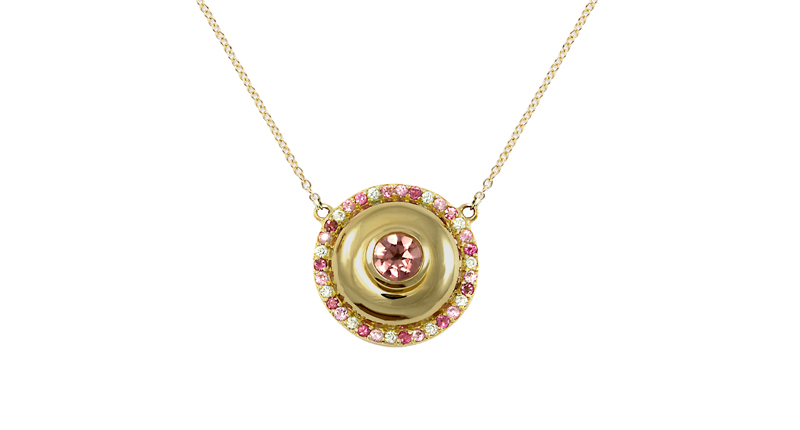 Large cap necklace in 18-karat yellow gold with pink sapphires, tourmalines and white diamonds ($2,045) Large cap necklace in 18-karat yellow gold with pink sapphires, tourmalines and white diamonds ($2,045)