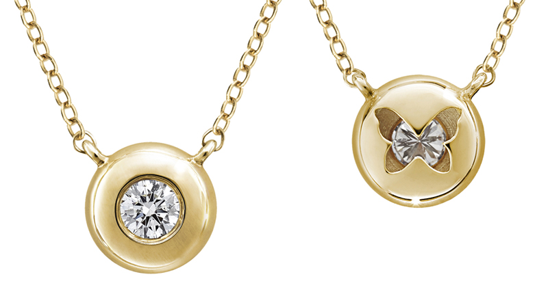 <a href="https://anniejames.com/collections/annie-james-necklaces/products/diamond-necklace-1?variant=4521159819287" target="_blank" rel="noopener">Annie James</a> round brilliant-cut diamond necklace in 14-karat yellow gold with signature butterfly on reverse side of pendant, pictured front and back ($750)