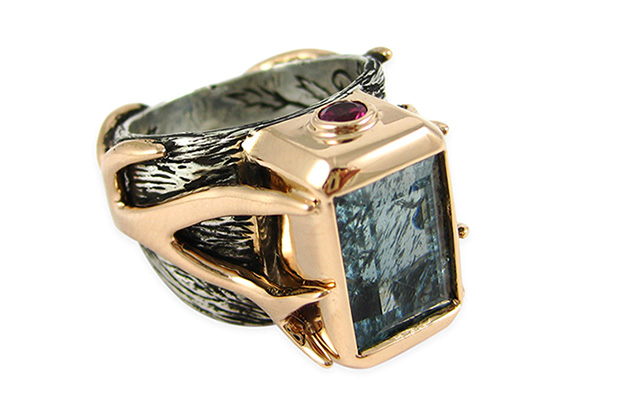 K. Brunini’s sterling silver “Objects Organique” ring features a 7.64-carat aquamarine with a green diamond, pink tourmaline and 18-karat rose gold. The antlers also are available in 18-karat white or rose gold ($11,780).   K. Brunini’s sterling silver “Objects Organique” ring features a 7.64-carat aquamarine with a green diamond, pink tourmaline and 18-karat rose gold. The antlers also are available in 18-karat white or rose gold ($11,780).