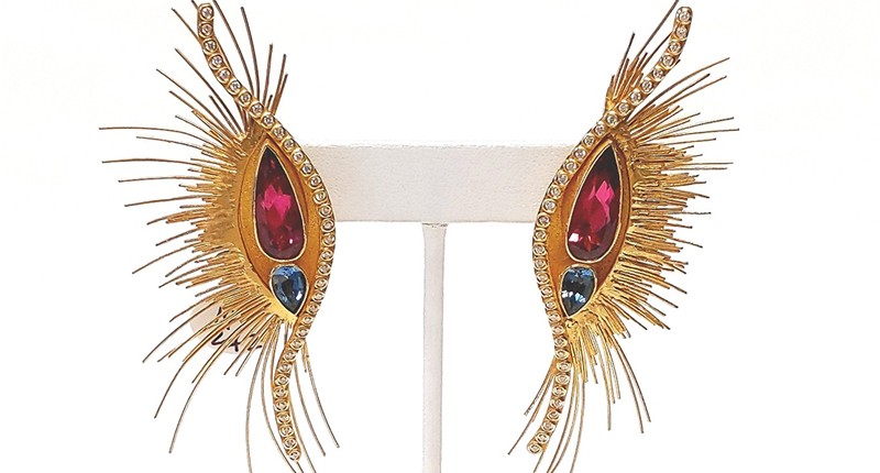 <strong>Fashion Forward.</strong> Peter Schmid’s 22-karat and 18-karat yellow gold “Lady Gaga Metropolitan Gala” earrings featuring pear-shaped rubellite tourmalines (10.10 total carats) and aquamarines (2.31 total carats) accented with diamonds <strong>Fashion Forward.</strong> Peter Schmid’s 22-karat and 18-karat yellow gold “Lady Gaga Metropolitan Gala” earrings featuring pear-shaped rubellite tourmalines (10.10 total carats) and aquamarines (2.31 total carats) accented with diamonds