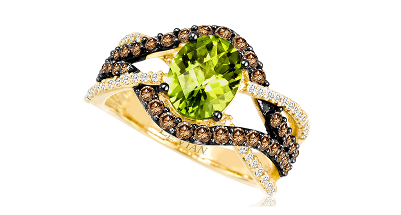 From Le Vian’s Chocolatier collection comes this 14-karat yellow gold ring with a 1.57-carat peridot stone accented with 0.94 carats of brown and white diamonds ($4,347).