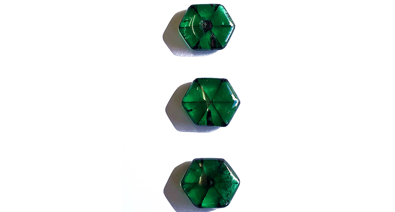 These three trapiche emeralds from Evan Caplan weigh 85.50 total carats. These three trapiche emeralds from Evan Caplan weigh 85.50 total carats.