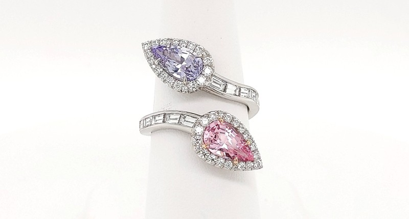 <strong>Business/Day Wear.</strong> Nikki Swift of Nicole Mera LLC’s platinum ring featuring pink and lavender pear-shaped spinels (2.49 total carats) accented with diamonds (1.26 total carats) <strong>Business/Day Wear.</strong> Nikki Swift of Nicole Mera LLC’s platinum ring featuring pink and lavender pear-shaped spinels (2.49 total carats) accented with diamonds (1.26 total carats)