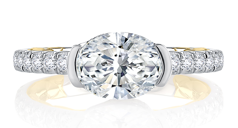 An east-west oval setting style from <a href="https://www.ajaffe.com/" target="_blank" rel="noopener">A. Jaffe</a>. This ring retails for $3,450 in 18-karat gold and $4,100 in platinum with 0.58 carats of diamonds (center stone not included in pricing).
