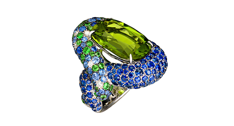 Margot McKinney’s “Vert” ring featuring a 13.61-carat peridot surrounded by diamonds, sapphires and tsavorite garnets set in 18-karat white gold (price available upon request).
