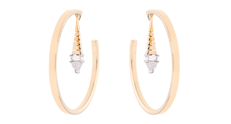 Nikos Koulis 18-karat yellow gold earrings with baguette- and trillion-cut diamonds set in 18-karat white gold Nikos Koulis 18-karat yellow gold earrings with baguette- and trillion-cut diamonds set in 18-karat white gold