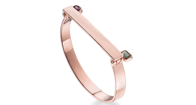 Leslie Paige’s Double Screw bangle in 14-karat rose gold with rhodolite garnet and green tourmaline ($5,000) Leslie Paige’s Double Screw bangle in 14-karat rose gold with rhodolite garnet and green tourmaline ($5,000)