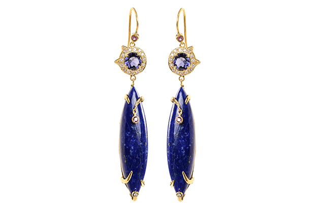 These 18-karat gold Acrobat earrings, featuring lapis accented with fancy sapphires, diamonds, iolite, and amethysts, are inspired by Chinese acrobats ($4,300). These 18-karat gold Acrobat earrings, featuring lapis accented with fancy sapphires, diamonds, iolite, and amethysts, are inspired by Chinese acrobats ($4,300).