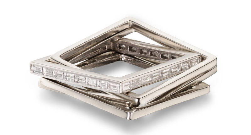 Five Band Puzzle ring in 14-karat white gold with diamond baguettes ($6,000) Five Band Puzzle ring in 14-karat white gold with diamond baguettes ($6,000)