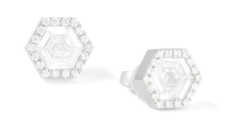 Monique Péan repurposed white hexagonal step cut diamond earrings with white diamond pavé and recycled platinum