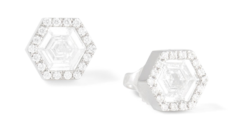 Monique Péan repurposed white hexagonal step cut diamond earrings with white diamond pavé and recycled platinum Monique Péan repurposed white hexagonal step cut diamond earrings with white diamond pavé and recycled platinum