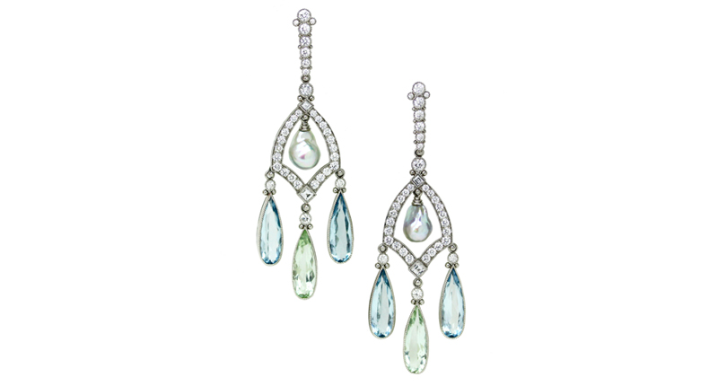 Featherstone Fine Jewelry’s platinum “Gothic Window” earrings with South Sea pearls, diamonds and blue and green beryl drops (price available upon request)