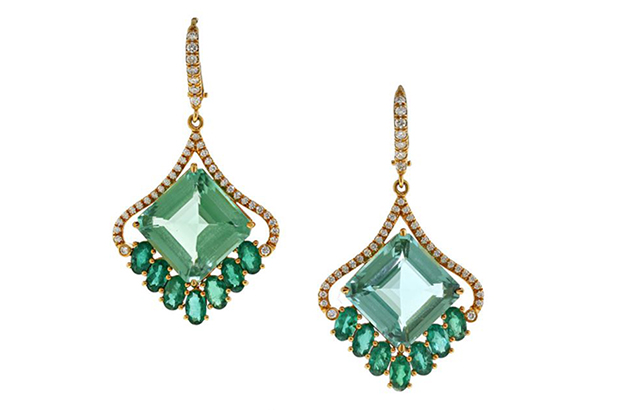 These earrings from Bella Campbell of the Campbellian Collection won the Best Use of Color Award. The 18-karat yellow gold earrings feature blue-green tourmalines accented with emeralds. These earrings from Bella Campbell of the Campbellian Collection won the Best Use of Color Award. The 18-karat yellow gold earrings feature blue-green tourmalines accented with emeralds.