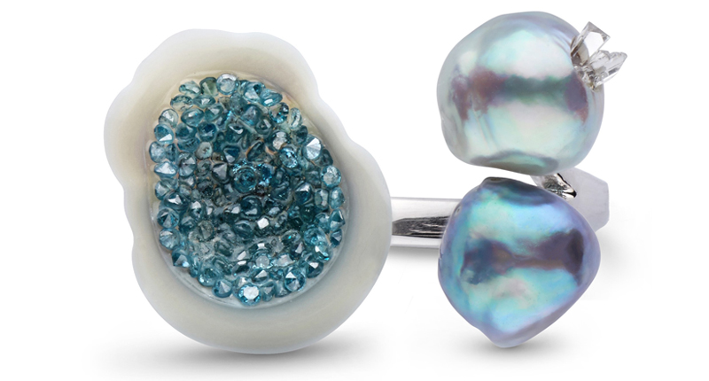 little h’s 14-karat white gold Trio ring with White South Sea pearl, Akoya pearls and blue diamonds $3,375 little h’s 14-karat white gold Trio ring with White South Sea pearl, Akoya pearls and blue diamonds $3,375