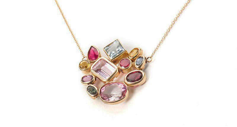 Bezel Cluster necklace in 14-karat yellow gold with kunzite, rhodolite garnet, aquamarine and multicolored sapphires (price available upon request) Bezel Cluster necklace in 14-karat yellow gold with kunzite, rhodolite garnet, aquamarine and multicolored sapphires (price available upon request)