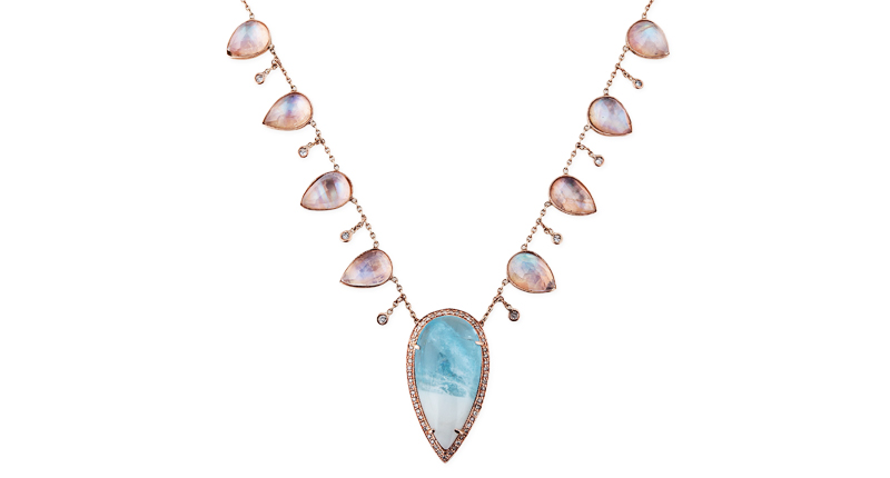 Jacquie Aiche’s 14-karat rose gold and diamond “Shaker” necklace with aquamarine and moonstone ($10,500)
