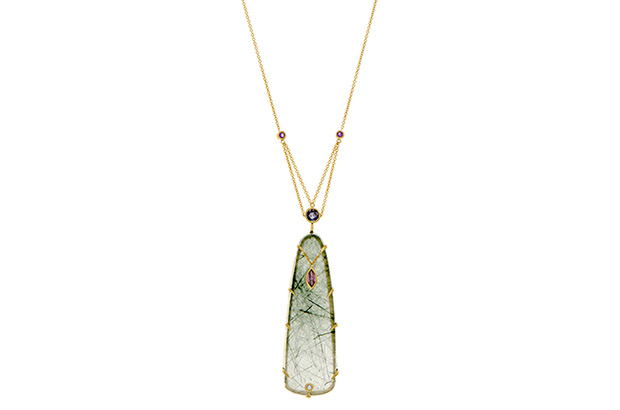 The Envy Dynasty 18-karat gold necklace boasts a rare quartz with actinolite inside of it accented by color-change garnets, diamonds and sapphires ($4,100). The Envy Dynasty 18-karat gold necklace boasts a rare quartz with actinolite inside of it accented by color-change garnets, diamonds and sapphires ($4,100).