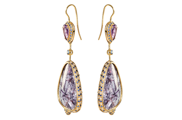 Prestia’s Leopold earrings with lepidolite, purple sapphires, blue sapphires and diamonds in 18-karat gold ($4,000) Prestia’s Leopold earrings with lepidolite, purple sapphires, blue sapphires and diamonds in 18-karat gold ($4,000)