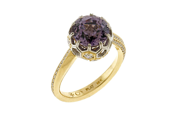 First place honors in the Bridal category went to this platinum and 18-karat yellow gold ring featuring a round purple spinel and diamond accents created by Tony Nemyer of Grimball Jewelers. First place honors in the Bridal category went to this platinum and 18-karat yellow gold ring featuring a round purple spinel and diamond accents created by Tony Nemyer of Grimball Jewelers.