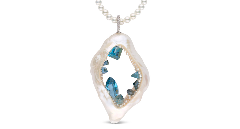 little h’s 14-karat white gold Grotto pendant with blue topaz and seed pearls embedded in Baroque pearl, and diamonds on clasp ($5,940) little h’s 14-karat white gold Grotto pendant with blue topaz and seed pearls embedded in Baroque pearl, and diamonds on clasp ($5,940)