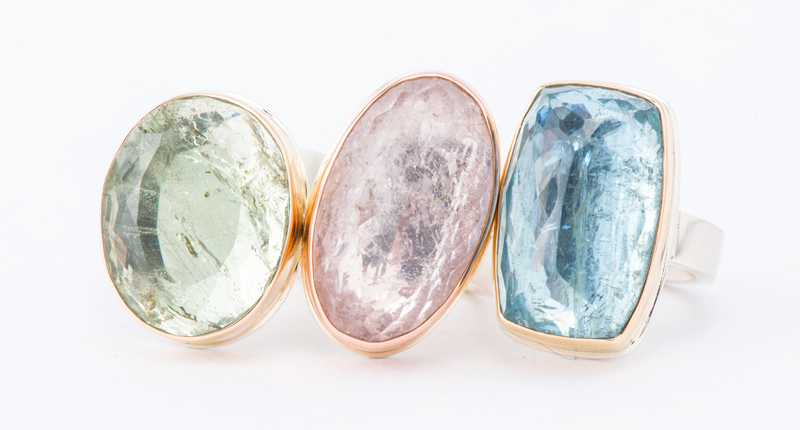 Jamie Joseph’s 14-karat gold rings with sterling silver bands set with beryl, morganite and aquamarine  (ranging from $1,060 to $1,290)
