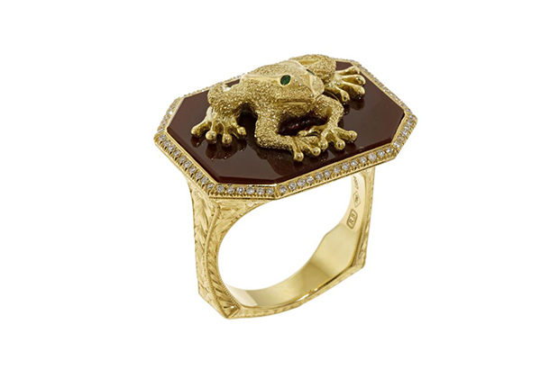 This 18-karat yellow gold “Enchanted Frog” ring with carnelian, tsavorite garnets and diamonds from Ricardo Basta of E. Eichberg Inc. was honored with the first place position in Business/Day Wear. This 18-karat yellow gold “Enchanted Frog” ring with carnelian, tsavorite garnets and diamonds from Ricardo Basta of E. Eichberg Inc. was honored with the first place position in Business/Day Wear.