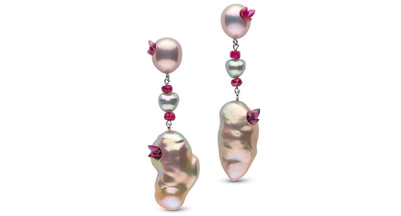 little h’s 14-karat white gold drop earrings with freshwater pearls and rubies ($900) little h’s 14-karat white gold drop earrings with freshwater pearls and rubies ($900)