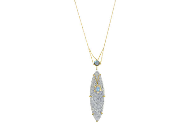 The Ba Li Dynasty necklace features fossilized coral, labradorite and a pear-shaped moonstone set in 18-karat gold ($3,950). The Ba Li Dynasty necklace features fossilized coral, labradorite and a pear-shaped moonstone set in 18-karat gold ($3,950).