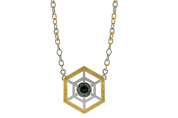 Claudia Kretchmer of Somewhere in the Rainbow created this platinum and 24-karat crystallized gold “RockStar2” pendant with a color-change blue zircon and diamonds, which won first place in the Evening Wear category. Claudia Kretchmer of Somewhere in the Rainbow created this platinum and 24-karat crystallized gold “RockStar2” pendant with a color-change blue zircon and diamonds, which won first place in the Evening Wear category.